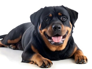 Obraz premium A happy Rottweiler dog lies down on a white background showing its friendly face and tan markings.