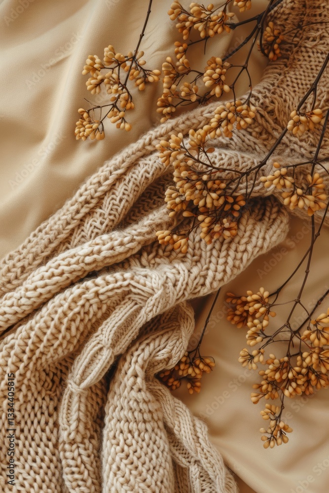 Aufkleber close-up view of a soft, warm knitted sweater displayed on a neutral light brown background with min