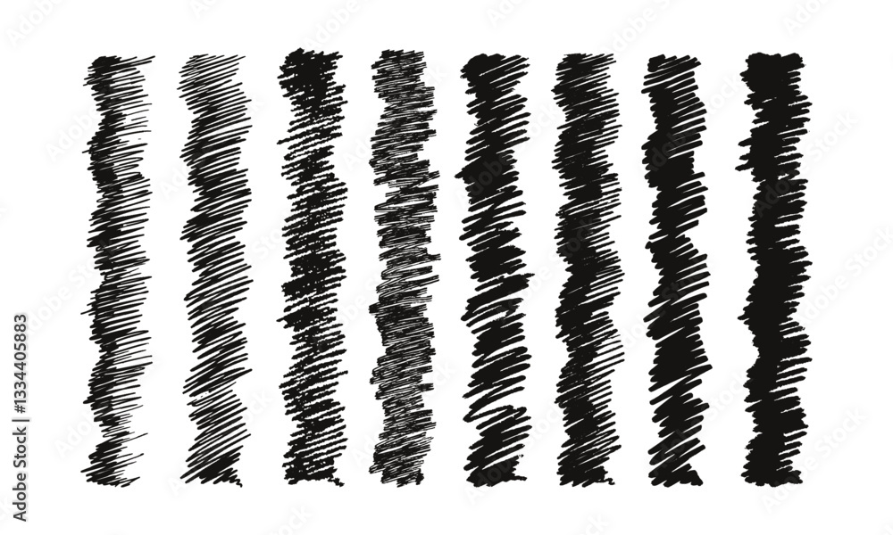 Poster eight hatched vertical stripes of arbitrary width. doodles and squiggles. vector set