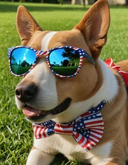 Dog wearing sunglasses and a patriotic tie