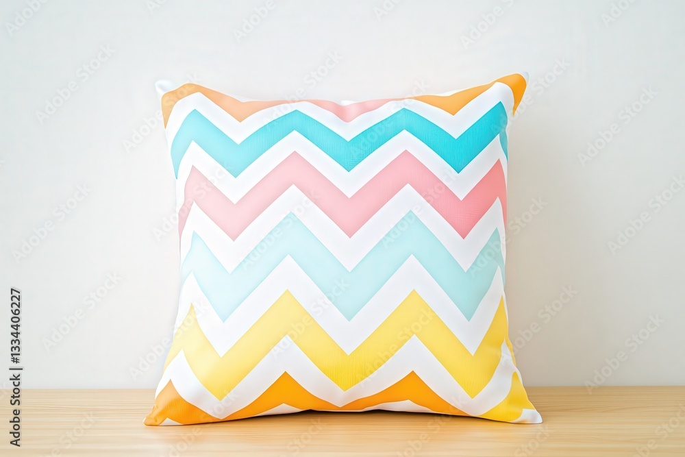 Poster a colorful zigzag patterned pillow resting on a wooden surface, adding a cheerful touch to the decor