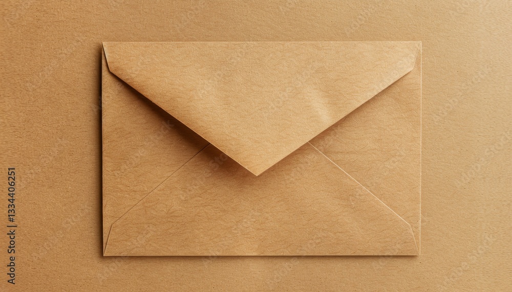 Poster close-up view of kraft paper envelope on brown background with space for text