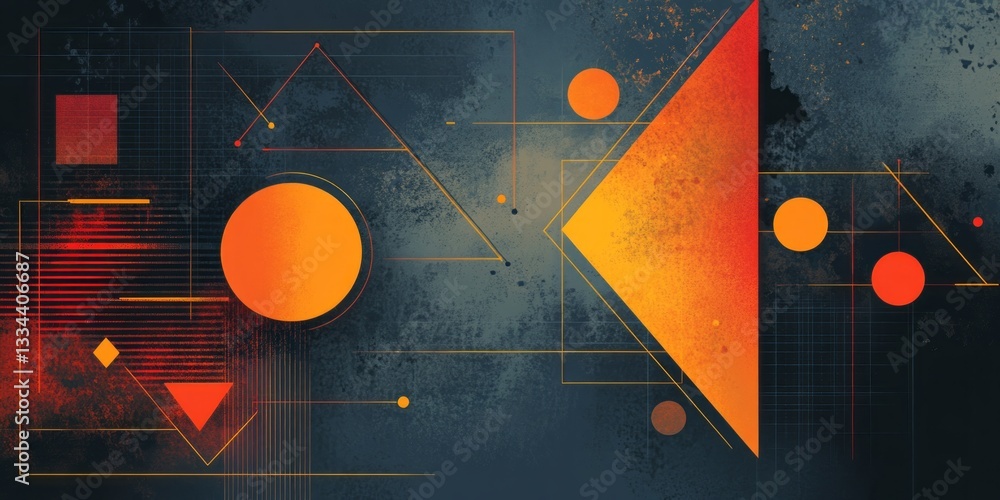 Poster geometric composition features triangles circles and intersecting lines on dark background