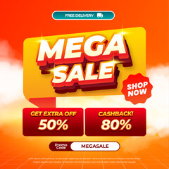 Mega Shopping Sale discount deals Orange gradient Editable text effect Promo code Pop up Cashback Grid style Promotional square banner poster flyer 