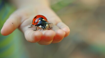 Closeup of a Ladybug on a Childs Hand Outdoors