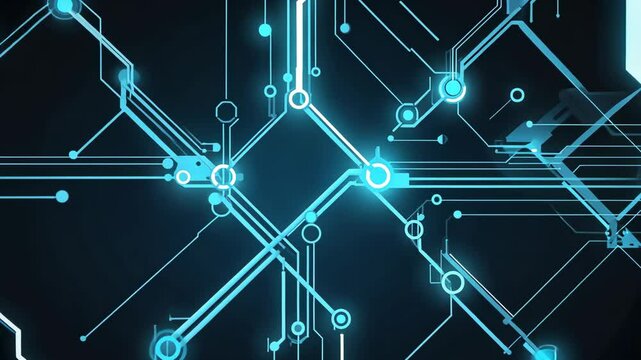 A futuristic digital circuit board, glowing blue lines, connections represents advanced technology, artificial intelligence, data networks. The abstract design symbolizes innovation and cyber systems.