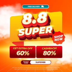 8.8 Super Shopping Sale discount deals Orange gradient Editable text effect Promo code Pop up Cashback Grid style Promotional square banner poster flyer 