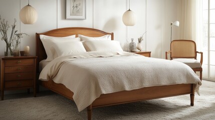 Serene bedroom featuring a cozy bed, soft textures, and natural light. A calming space with thoughtful details