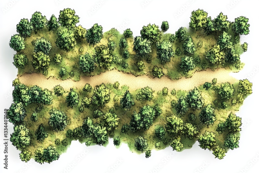 Poster aerial view of a dense forest landscape with trees and a path crossing through, showcasing natural b