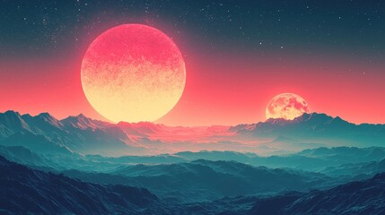 Fototapeta premium Serene Landscape Under Giant Celestial Bodies in Vibrant Gradient Sky at Dusk