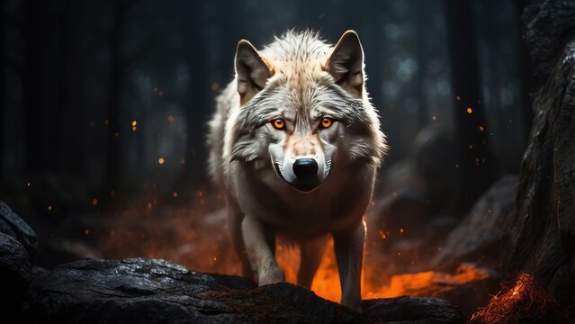 A majestic white wolf with piercing golden eyes emerges from vibrant flames,
