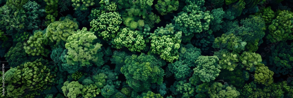 Poster aerial view of a dense green forest canopy showing variations of foliage textures and tones in an or
