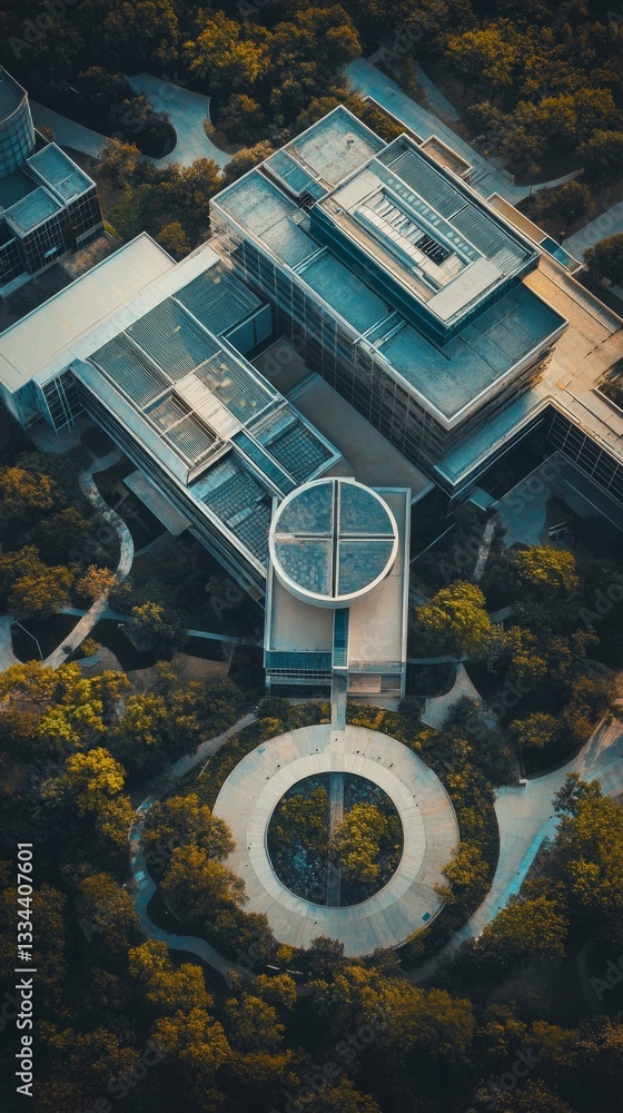 Poster aerial view of a modern corporate headquarters building complex with surrounding greenery showcasing