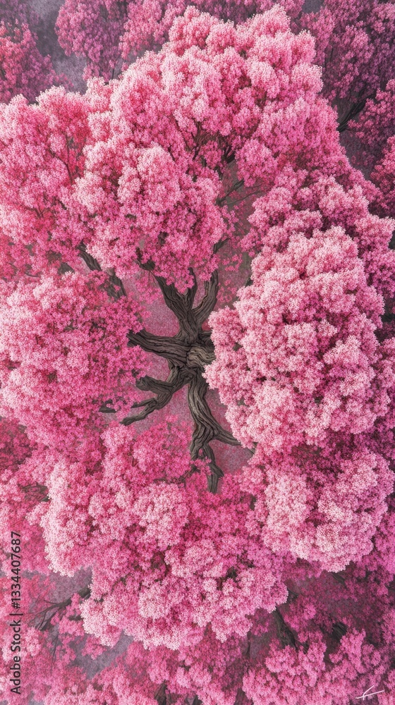 Poster aerial view of a pink blossom forest with a visible tree trunk in the middle, creating a serene natu