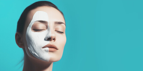 Cosmetic application featuring a woman with a facial mask on one side and bare skin on the other against a blue backdrop during a beauty treatment session