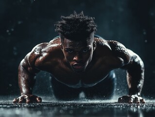 Intense muscular man doing push-ups in the rain, symbolizing strength, determination, and resilience. Perfect for fitness campaigns, sports advertising, and motivational content.