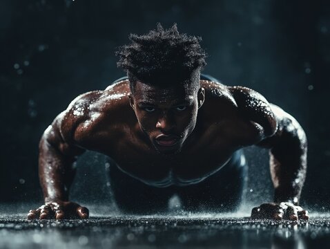 Intense muscular man doing push-ups in the rain, symbolizing strength, determination, and resilience. Perfect for fitness campaigns, sports advertising, and motivational content.