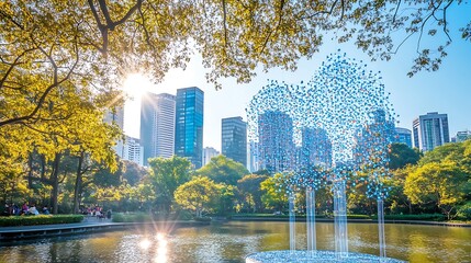 Obraz premium Urban park with modern skyscrapers, fountain, and trees.