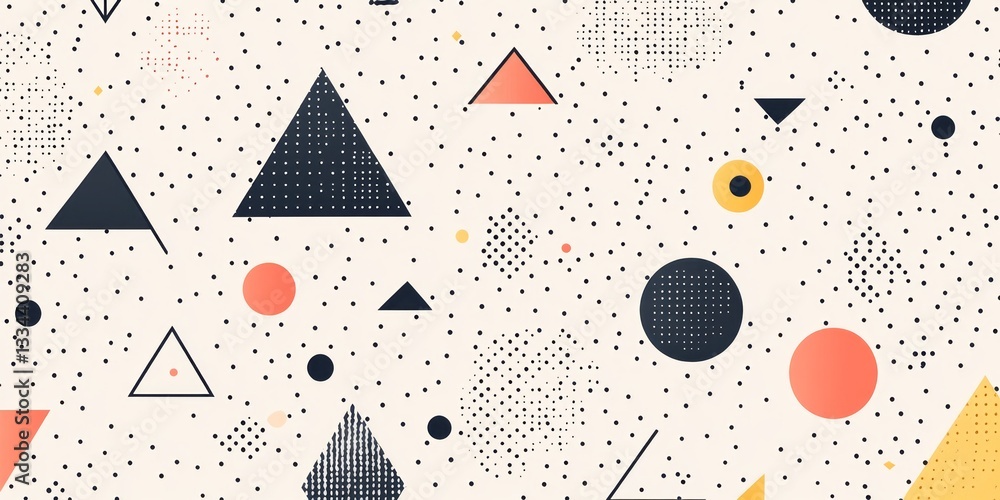 Poster geometric pattern with circles triangles and scattered dots on background