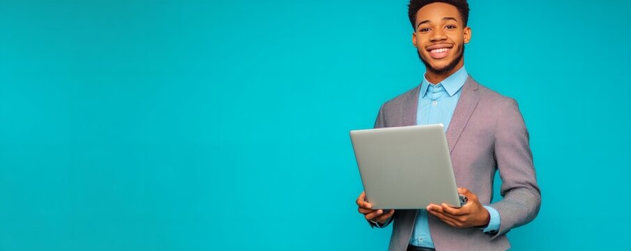 Smiling young man in a suit holds a silver laptop computer - Powered by Adobe