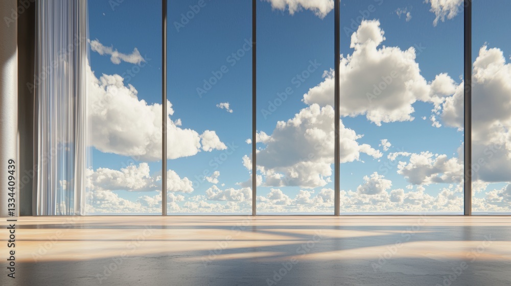 Poster a room with a large window and a view of the sky.