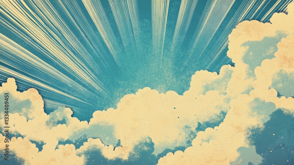 Poster retro-style background with a halftone design of a cloudy sky