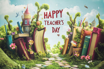 happy teacher's day book landscape, fantasy illustration, educational celebration, whimsical learning environment