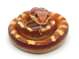 Obraz premium A stunning orange and yellow corn snake is coiled in a perfect circle against a pure white background showcasing its intricate scales.