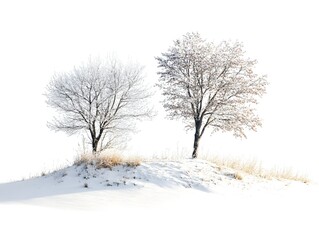 Two leafless trees stand on a snow-covered hill against a bright white background showcasing winter's stark beauty and isolated tranquility.