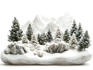 Fototapeta premium A pristine winter landscape featu snow covered evergreen trees and majestic snow capped mountains on a snowy rock formation.