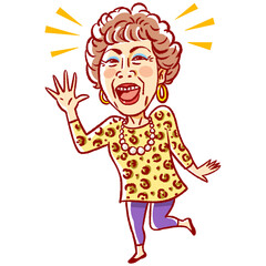 Osaka’s auntie illustration wearing a leopard print sweatshirt. 