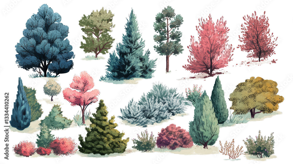 Poster colorful assorted trees and bushes collection in various shapes and sizes