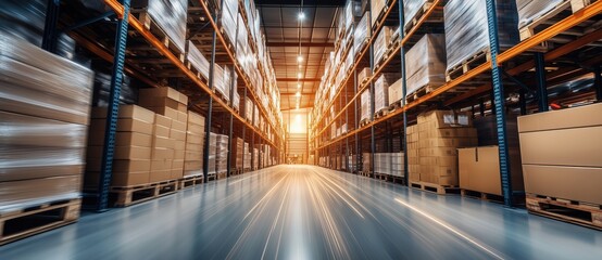 Fototapeta premium Cardboard boxes moving through warehouse with motion blur effect