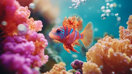 Fototapeta premium Dynamic underwater shot of mandarinfish swimming amidst vivid coral and playful bubbles, with soft-focus edges highlighting their radiant hues