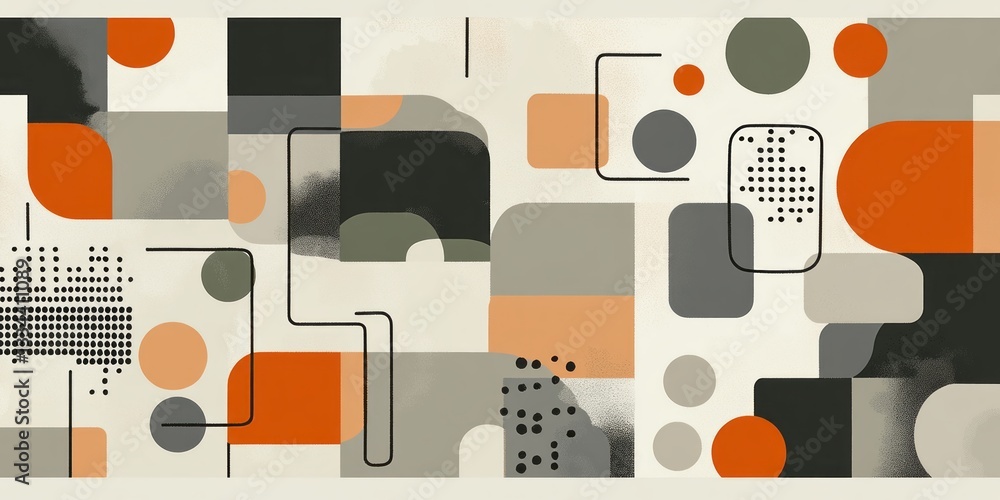 Poster abstract composition features geometric shapes circles squares and lines