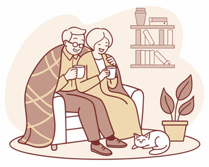 Elderly Couple Sitting on Sofa with Hot Drinks and Cat. Warm and cozy vector illustration of an elderly couple sitting together on a sofa under a blanket, holding hot drinks and smiling.