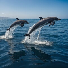 Fototapeta premium Two dolphins jumping out of ocean water on sunny day