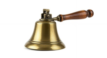 Antique Brass Hand Bell with Wooden Handle Isolated on White