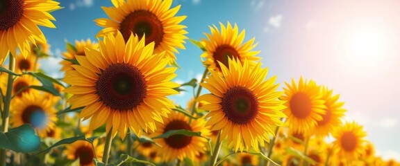 Obraz premium Anime-style vibrant sunflower field, sunlit, swaying gently in breeze, colorful, vibrant