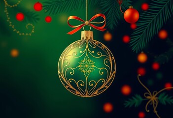 Art Deco Christmas tree bauble, gold line art on green, red, navy blue background Elegant holiday design, ample copy space, invitation, space