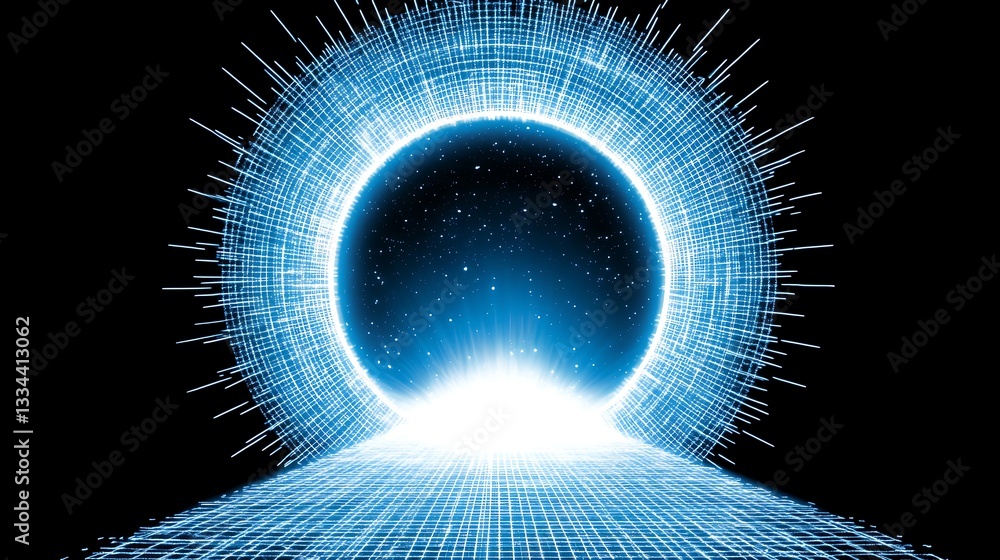 Poster illuminated cyberspace gateway to distant worlds journey through the digital horizon of time