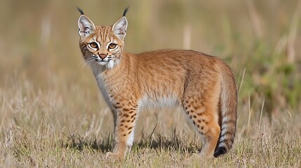 Bobcat kitten standing in tall grass.
