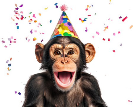 Monkey wearing colorful party hat, joyfully celebrating with confetti falling around. cheerful expression captures festive spirit of birthday party