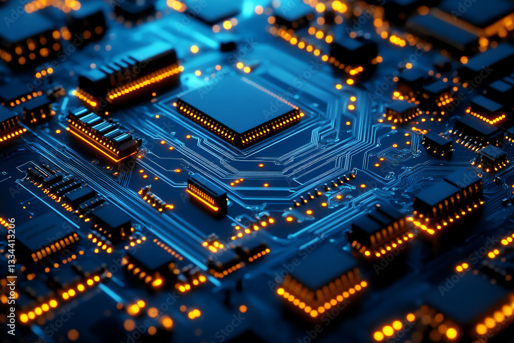 Poster a close-up of an advanced circuit board with multiple chip components,
