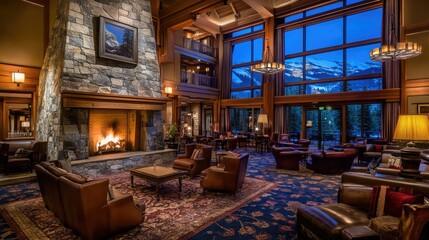 Cozy hotel lobby with a rustic fireplace, leather armchairs, and warm lighting.