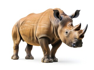 Fototapeta premium A majestic adult white rhinoceros stands majestically on a pure white background showcasing its powerful build and thick hide.