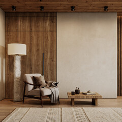 Contemporary loft interior with armchair, floor lamp, coffee table, wood panels, blank wall and decor. 3d render illustration mockup.