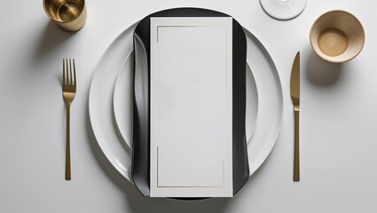Elegant table setting with blank menu and golden cutlery