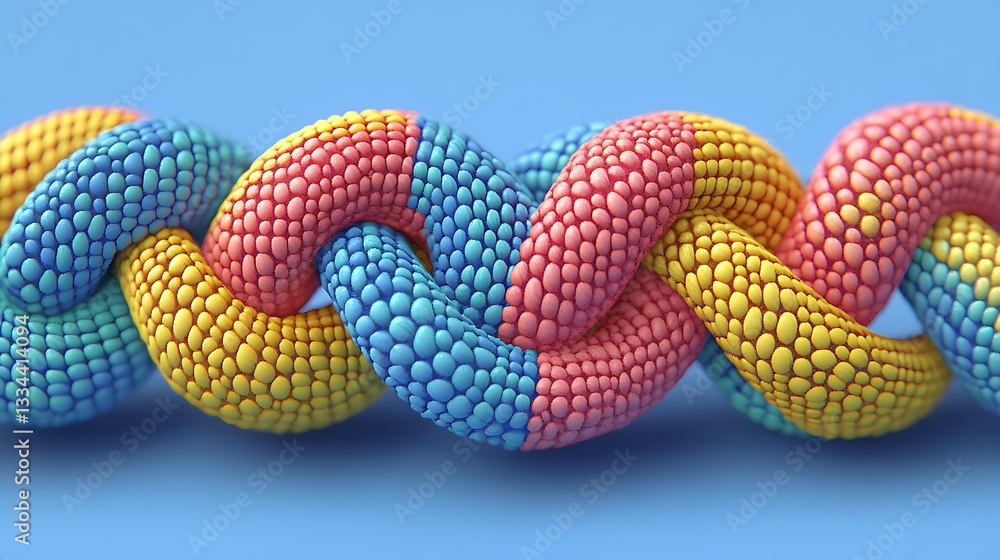 Poster interlocking rings chain link structure in blue yellow red tones close up detail abstract design