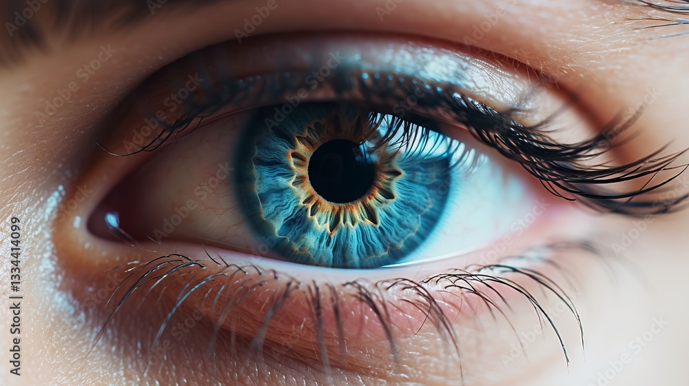 Poster an extraordinary close-up view of a vibrant blue eye, capturing the intricate details and unique pat